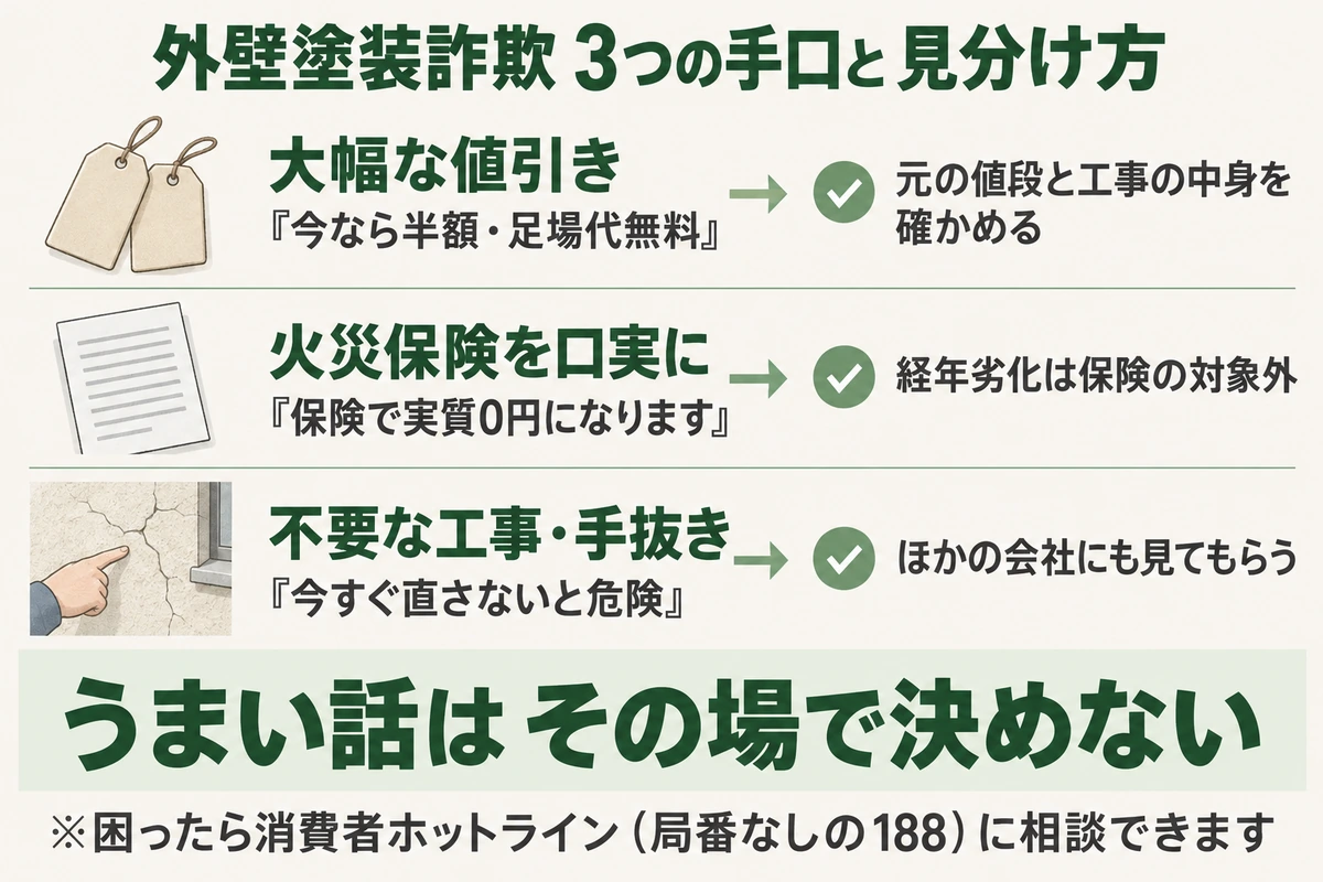 外壁塗装詐欺の3つの手口と見分け方を示した図。『今なら半額・足場代無料』と大幅な値引きを言われたら元の値段と工事の中身を確かめ、『保険で実質0円になります』と火災保険を口実にされても経年劣化は対象外と知り、『今すぐ直さないと危険』と不要な工事を勧められたらほかの会社にも見てもらう