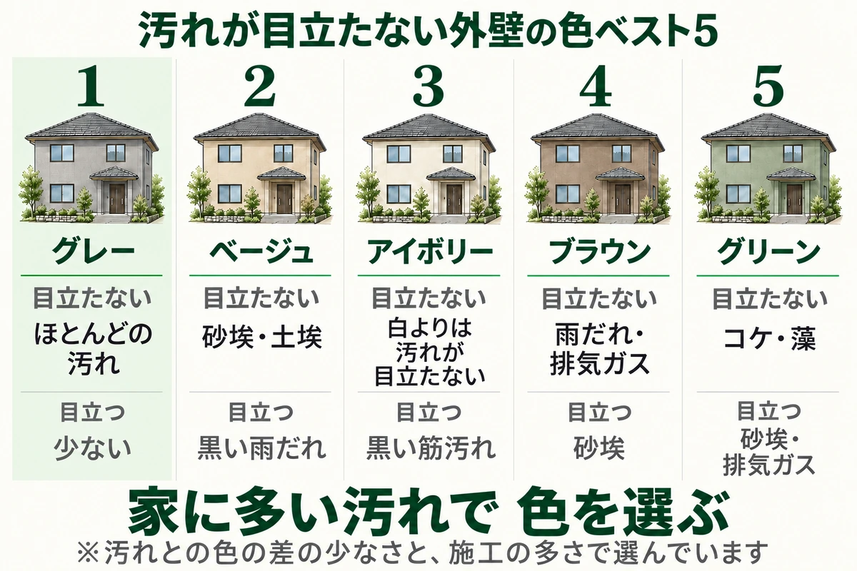 汚れが目立たない外壁の色ベスト5を示した図。1位グレーはほとんどの汚れが目立たない。2位ベージュは砂埃に強く黒い雨だれが目立つ、3位アイボリーは白よりは目立たないが黒い筋汚れが目立つ、4位ブラウンは雨だれや排気ガスに強く砂埃が目立つ、5位グリーンはコケや藻に強く砂埃や排気ガスが目立つ