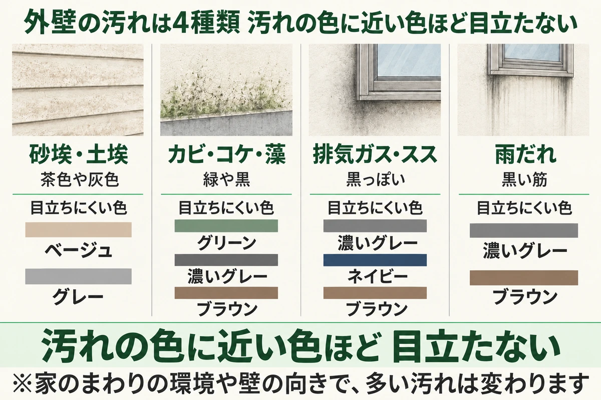 外壁の汚れ4種類と目立ちにくい色を示した図。砂埃・土埃にはベージュやグレー、カビ・コケ・藻にはグリーンや濃いグレー、ブラウン、排気ガス・ススには濃いグレーやネイビー、ブラウン、雨だれには濃いグレーやブラウンが目立ちにくい