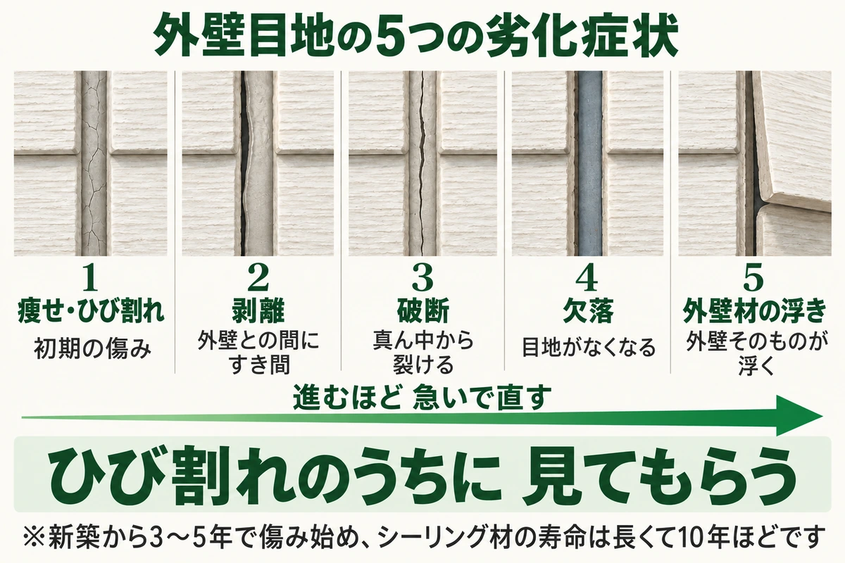 外壁目地の5つの劣化症状を進む順に示した図。痩せ・ひび割れから始まり、外壁との間にすき間ができる剥離、真ん中から裂ける破断、目地がなくなる欠落、外壁そのものが浮く外壁材の浮きへと進むので、ひび割れのうちに見てもらう