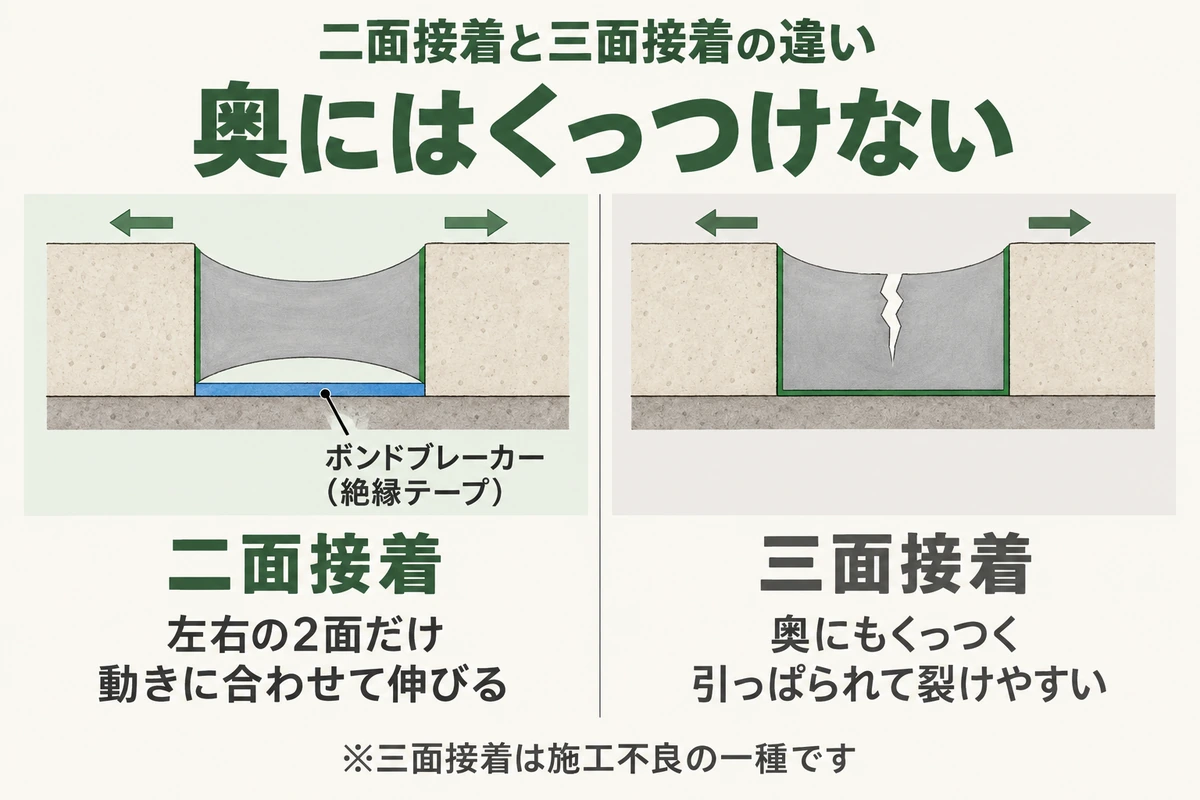 外壁目地の二面接着と三面接着の違いを断面で示した図。二面接着は奥にボンドブレーカーを貼って左右の2面だけにくっつけるので建物の動きに合わせて伸びるが、三面接着は奥にもくっつくため引っぱられて裂けやすい
