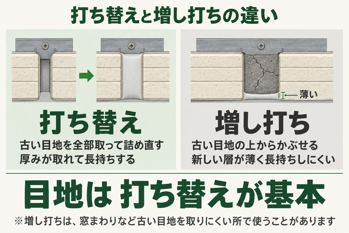 外壁目地の打ち替えと増し打ちの違いを断面で示した図。打ち替えは古い目地を全部取って詰め直すので厚みが取れて長持ちし、増し打ちは古い目地の上からかぶせるので新しい層が薄く長持ちしにくい。目地は打ち替えが基本