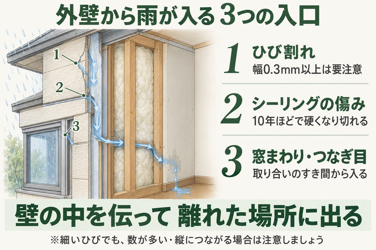外壁から雨が入る3つの入口を壁の断面で示した図。幅0.3mm以上は要注意のひび割れ、10年ほどで硬くなり切れるシーリングの傷み、取り合いのすき間から入る窓まわり・つなぎ目。雨水は壁の中を伝って離れた場所に出る
