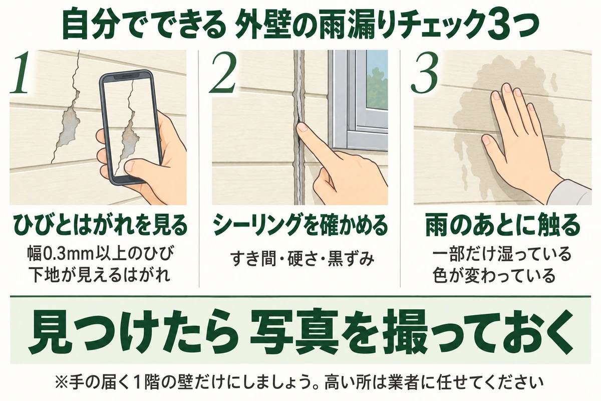 自分でできる外壁の雨漏りチェック3つを示した図。幅0.3mm以上のひびや下地が見えるはがれを見て、シーリングのすき間・硬さ・黒ずみを確かめ、雨のあとに外壁を触って一部だけ湿っている・色が変わっている所を探す。見つけたら写真を撮っておく
