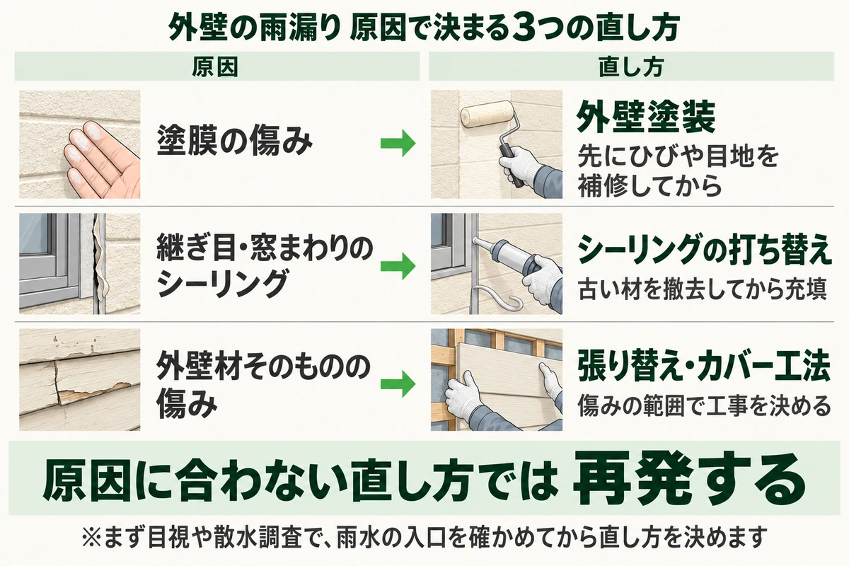 外壁の雨漏りの原因と直し方を示した図。塗膜の傷みは先にひびや目地を補修してから外壁塗装、継ぎ目・窓まわりのシーリングは古い材を撤去してから充填する打ち替え、外壁材そのものの傷みは傷みの範囲で張り替え・カバー工法を決める。原因に合わない直し方では再発する