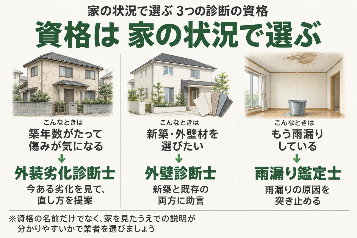 家の状況で選ぶ3つの診断の資格を示した図。築年数がたって傷みが気になるなら外装劣化診断士、新築や外壁材を選びたいなら外壁診断士、すでに雨漏りしているなら雨漏り鑑定士