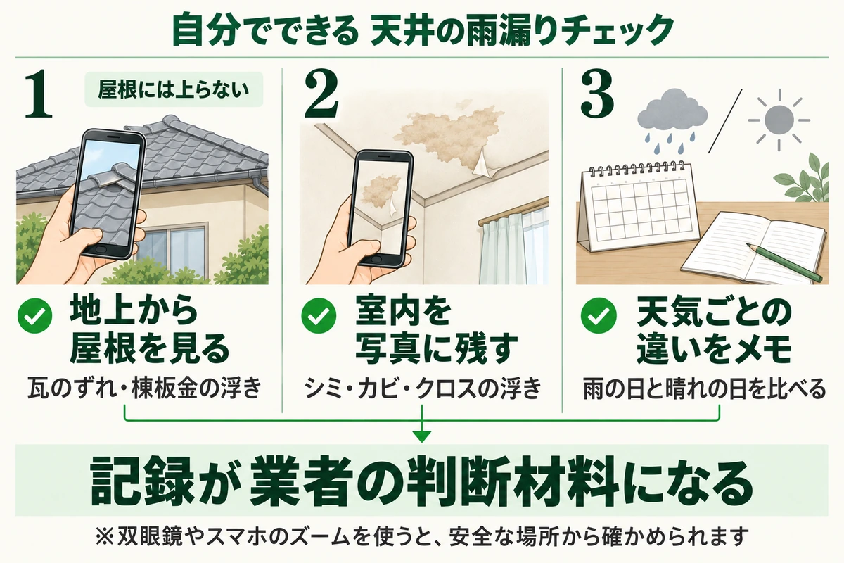 自分でできる天井の雨漏りチェックを示した図。屋根には上らず地上から瓦のずれや棟板金の浮きを見て、室内のシミ・カビ・クロスの浮きを写真に残し、雨の日と晴れの日の違いをメモする。記録が業者の判断材料になる