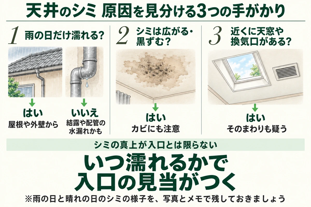 天井のシミの原因を見分ける3つの手がかりを示した図。雨の日だけ濡れるなら屋根や外壁から、天気に関係なく濡れるなら結露や配管の水漏れかもしれない。シミが広がる・黒ずむならカビにも注意し、近くに天窓や換気口があればそのまわりも疑う。シミの真上が入口とは限らない