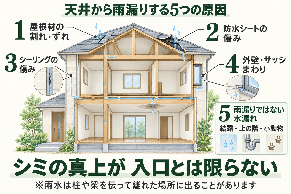 天井から雨漏りする5つの原因を家の断面で示した図。屋根材の割れ・ずれ、防水シートの傷み、シーリングの傷み、外壁・サッシまわりが雨水の入口になり、結露・上の階・小動物など雨漏りではない水漏れもある。シミの真上が入口とは限らない