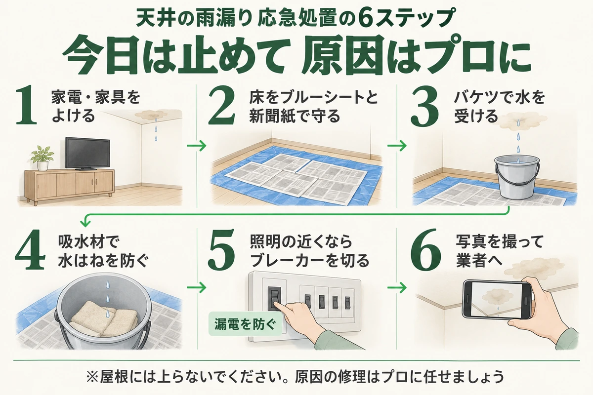 天井の雨漏りの応急処置6ステップを示した図。家電・家具をよける、床をブルーシートと新聞紙で守る、バケツで水を受ける、吸水材で水はねを防ぐ、照明の近くならブレーカーを切る、写真を撮って業者へ連絡する