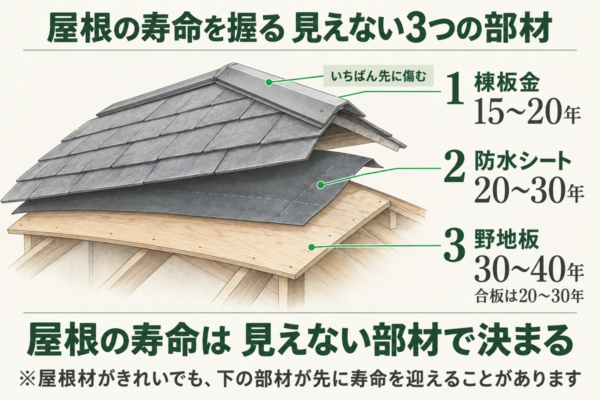 屋根の寿命を握る見えない3つの部材を断面で示した図。棟板金は15〜20年でいちばん先に傷み、防水シートは20〜30年、野地板は30〜40年(合板は20〜30年)。屋根の寿命は見えない部材で決まる