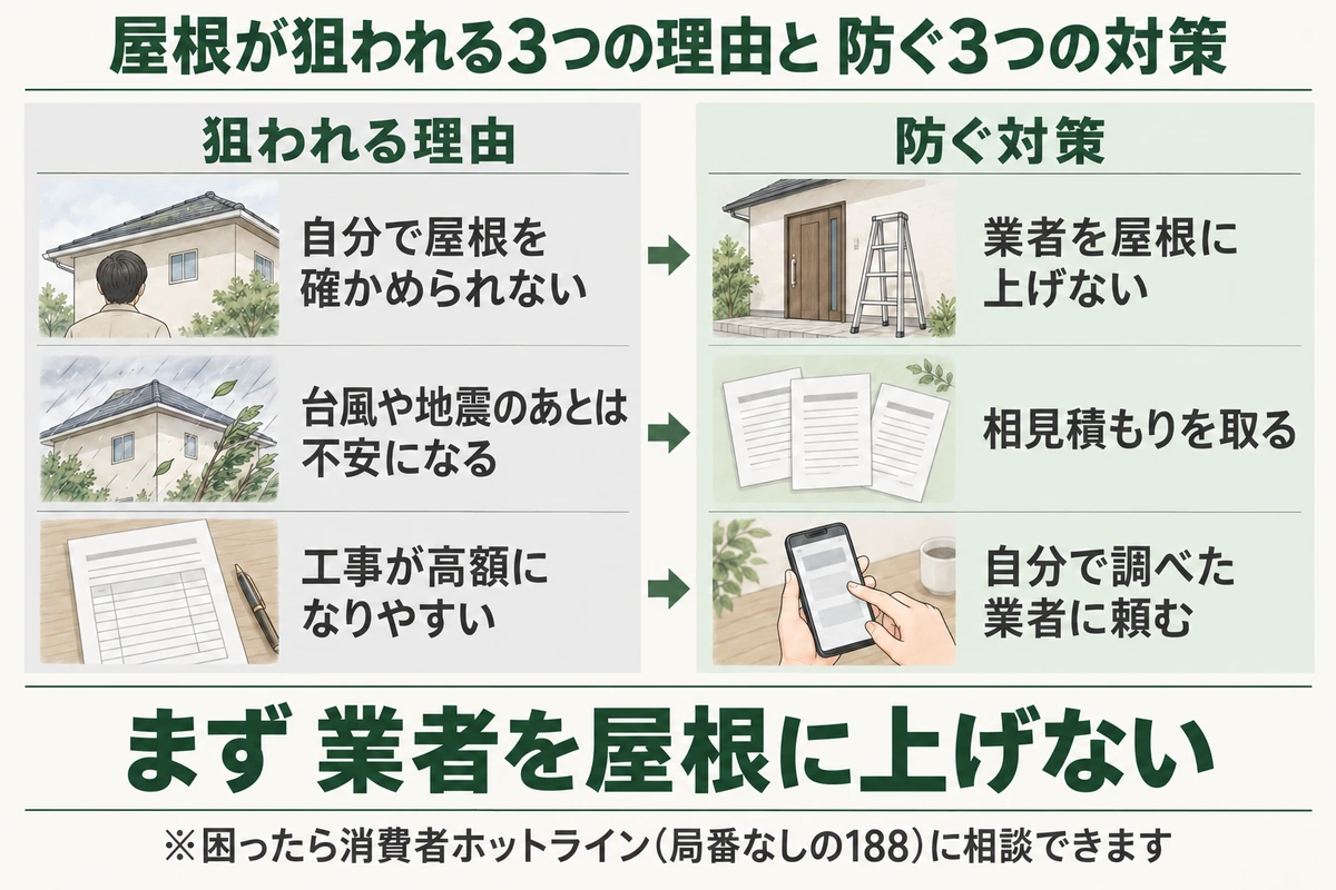 屋根が点検商法に狙われる3つの理由と防ぐ3つの対策を示した図。自分で屋根を確かめられない、台風や地震のあとは不安になる、工事が高額になりやすいので狙われる。業者を屋根に上げない、相見積もりを取る、自分で調べた業者に頼むことで防ぐ