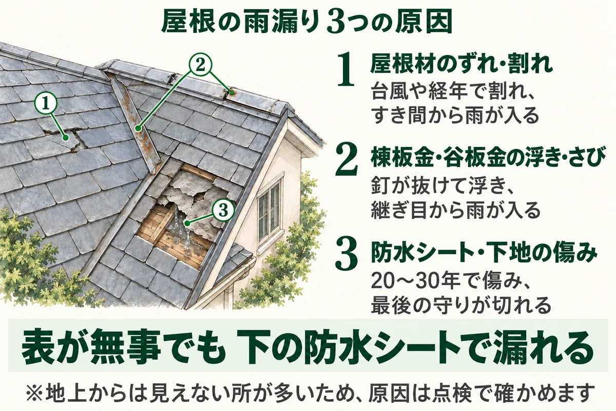 屋根の雨漏り3つの原因を屋根の断面で示した図。台風や経年で割れた屋根材のすき間、釘が抜けて浮いた棟板金や谷板金の継ぎ目、20〜30年で傷む防水シートや下地から雨が入る。表の屋根材が無事でも下の防水シートで漏れる