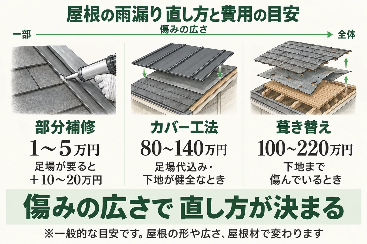 屋根の雨漏りの直し方と費用の目安を示した図。部分補修は1〜5万円で足場が要ると10〜20万円が加わり、下地が健全ならカバー工法で足場代込み80〜140万円、下地まで傷んでいれば葺き替えで100〜220万円。傷みの広さで直し方が決まる
