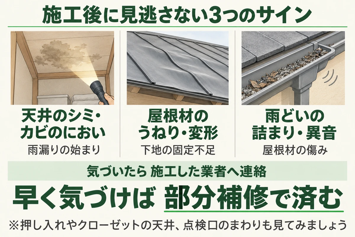 屋根カバー工法の施工後に見逃さない3つのサインを示した図。天井のシミやカビのにおいは雨漏りの始まり、屋根材のうねりや変形は下地の固定不足、雨どいの詰まりや異音は屋根材の傷みのサイン。気づいたら施工した業者へ連絡し、早く気づけば部分補修で済む