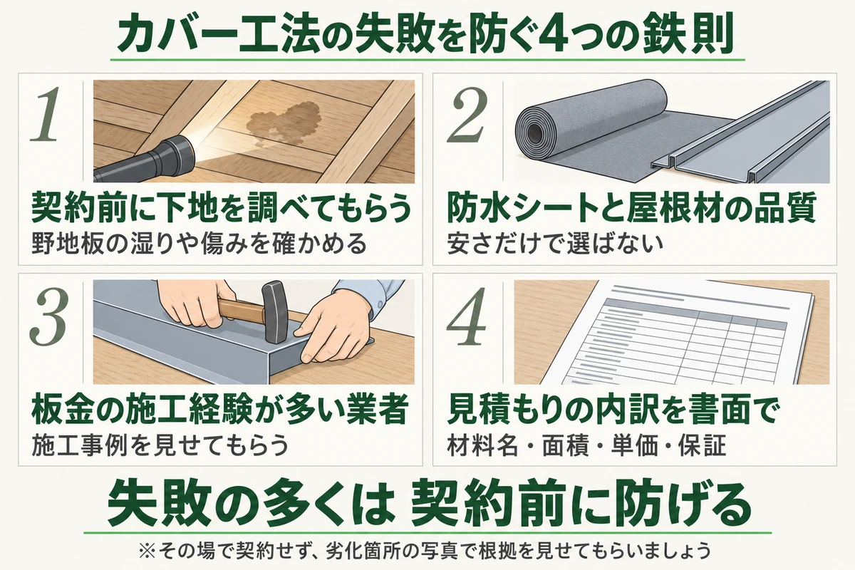 屋根カバー工法の失敗を防ぐ4つの鉄則を示した図。契約前に野地板の湿りや傷みを調べてもらう、防水シートと屋根材を安さだけで選ばない、板金の施工経験が多い業者に頼む、材料名・面積・単価・保証が書かれた見積もりを書面でもらう