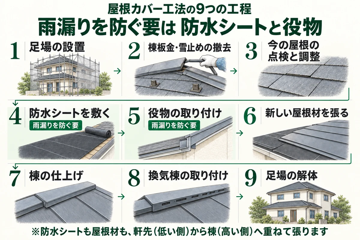 屋根カバー工法の9つの工程を順に示した図。足場の設置、棟板金・雪止めの撤去、今の屋根の点検と調整、防水シートを敷く、役物の取り付け、新しい屋根材を張る、棟の仕上げ、換気棟の取り付け、足場の解体の順に進み、雨漏りを防ぐ要は防水シートと役物