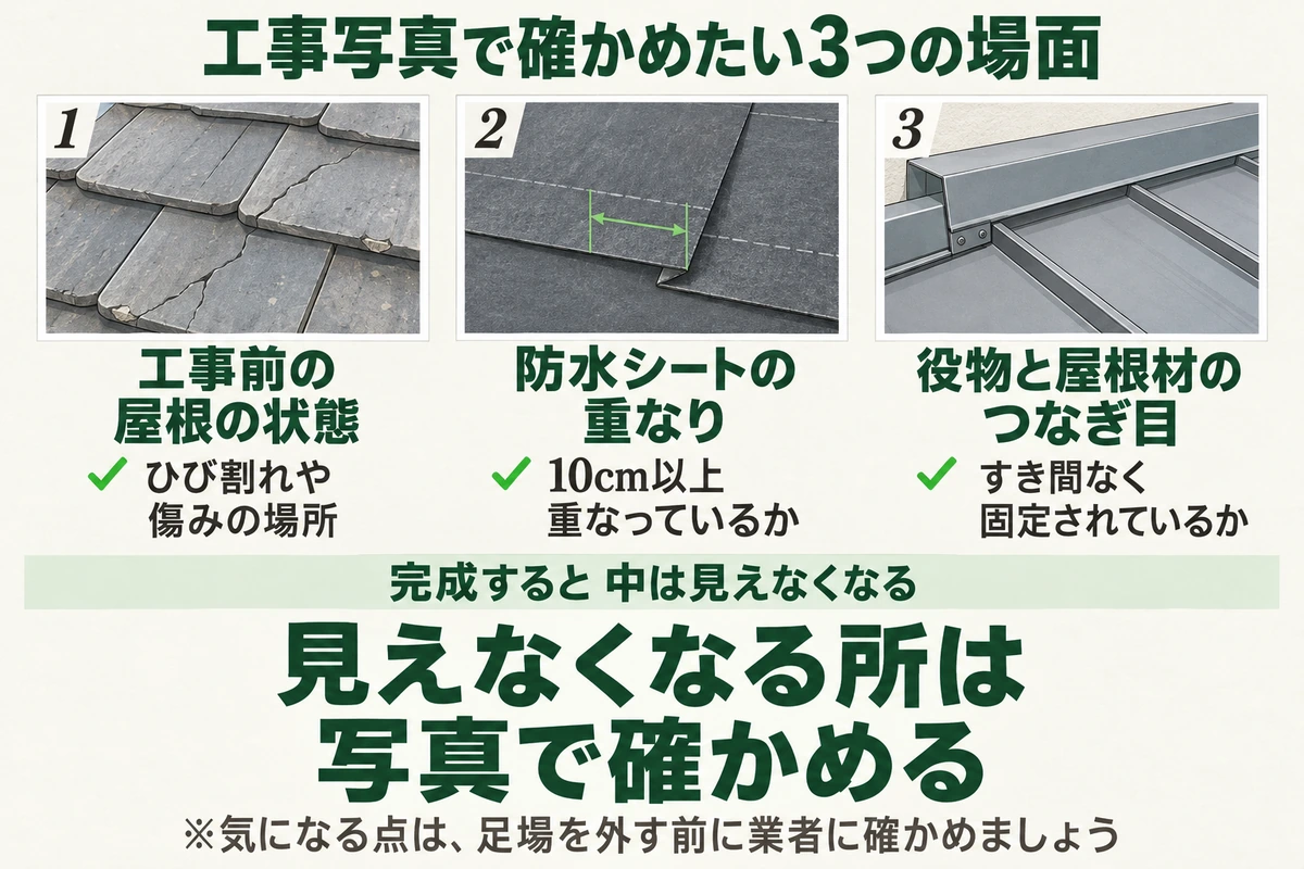 屋根カバー工法で工事写真を見て確かめたい3つの場面を示した図。工事前の屋根の状態、防水シートが10cm以上重なっているか、役物と屋根材のつなぎ目がすき間なく固定されているか。完成すると中は見えなくなるので写真で確かめる