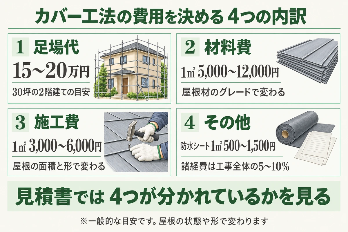 屋根カバー工法の費用を決める4つの内訳を示した図。足場代は30坪の2階建てで15〜20万円、材料費は1㎡5,000〜12,000円、施工費は1㎡3,000〜6,000円、その他は防水シートが1㎡500〜1,500円で諸経費が工事全体の5〜10%