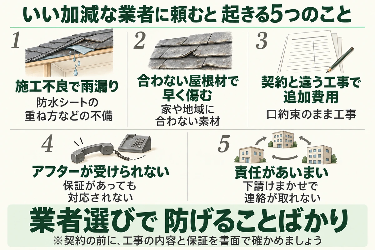 いい加減な屋根リフォーム業者に頼むと起きる5つのことを示した図。防水シートの重ね方などの不備による施工不良で雨漏り、家や地域に合わない屋根材で早く傷む、口約束のまま契約と違う工事をされて追加費用、保証があっても対応されずアフターが受けられない、下請けまかせで責任があいまいになる。業者選びで防げることばかり