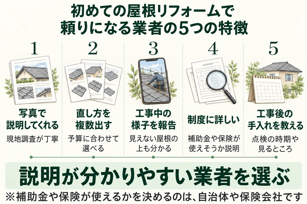 初めての屋根リフォームで頼りになる業者の5つの特徴を示した図。現地調査が丁寧で写真で説明してくれる、予算に合わせて選べるよう直し方を複数出す、見えない屋根の上も分かるよう工事中の様子を報告する、補助金や保険が使えそうか説明する制度に詳しい、点検の時期や見るところなど工事後の手入れを教える