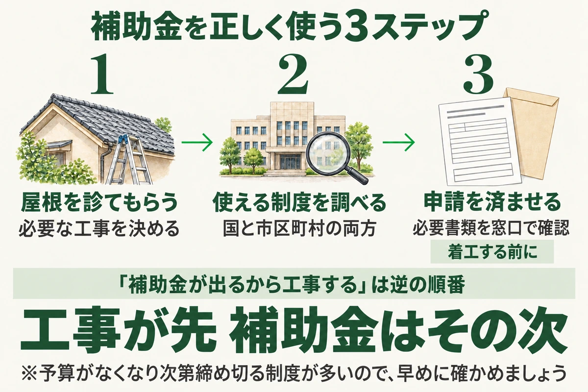 屋根リフォーム補助金を正しく使う3ステップを示した図。屋根を診てもらって必要な工事を決め、国と市区町村の使える制度を調べ、着工する前に申請を済ませる。補助金が出るから工事するのは逆の順番