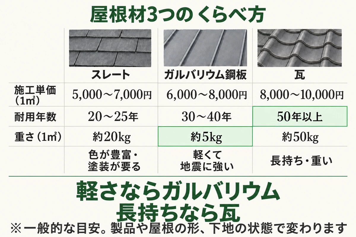 屋根材3つを比べた図。スレートは1㎡あたり5,000〜7,000円・耐用年数20〜25年・約20kgで色が豊富だが塗装が要る。ガルバリウム鋼板は6,000〜8,000円・30〜40年・約5kgで軽くて地震に強い。瓦は8,000〜10,000円・50年以上・約50kgで長持ちだが重い(一般的な目安)。軽さならガルバリウム、長持ちなら瓦