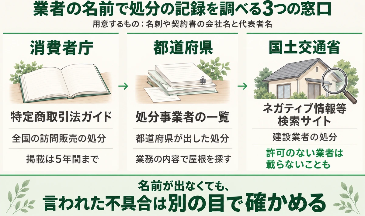 業者の名前で処分の記録を調べる窓口として、消費者庁、都道府県、国土交通省の3つを並べ、載っている処分と注意をまとめた図
