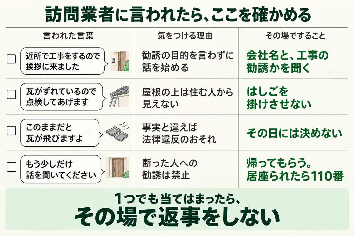 訪問業者が玄関先で言いがちな4つの言葉と、気をつける理由、その場ですることをまとめたチェックリスト