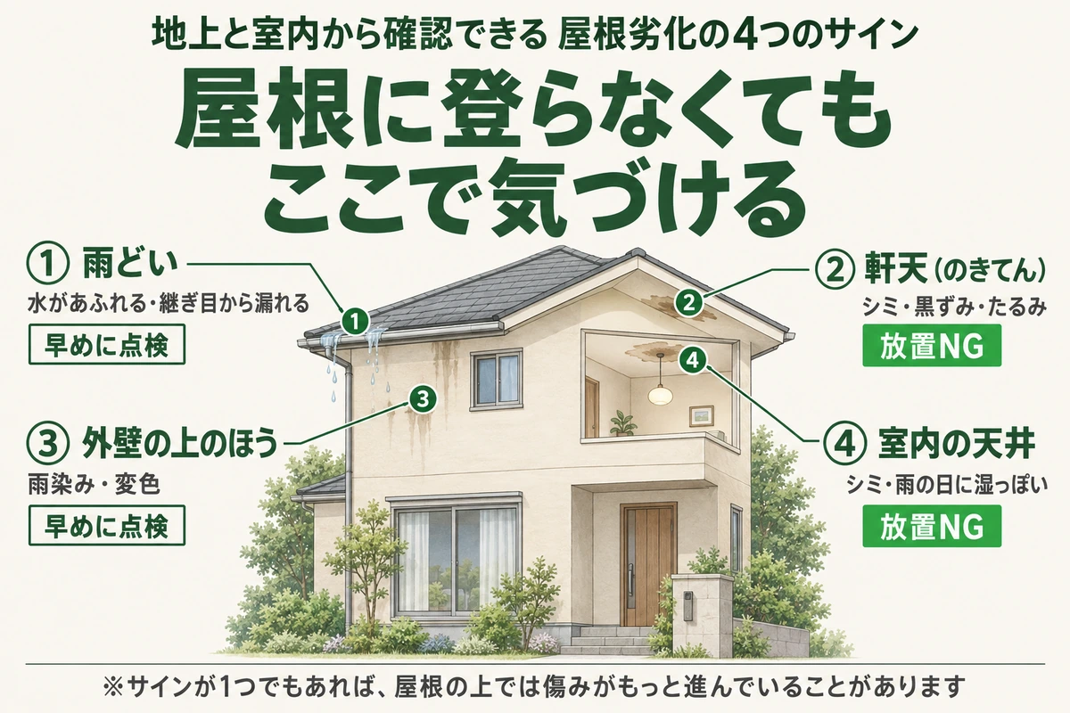 雨どいのあふれ、軒天のシミやたるみ、外壁上部の雨染み、室内の天井のシミの4か所で屋根の傷みに気づけることと、軒天と天井のサインは放置NGであることを示した図