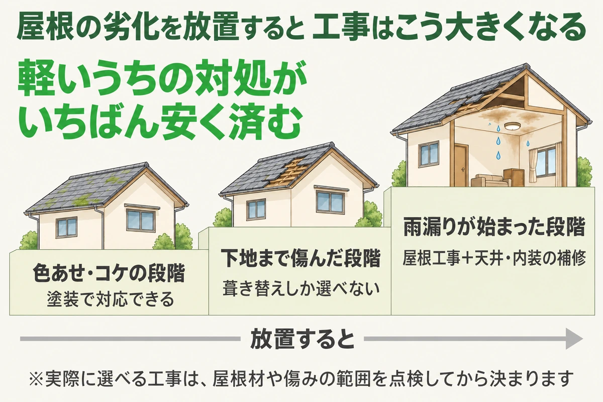 色あせやコケの段階なら塗装で対応できるが、下地まで傷むと葺き替えしか選べず、雨漏りが始まると屋根工事に加えて天井や内装の補修も必要になることを3段階で示した図