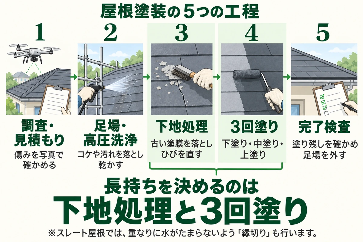 屋根塗装の5つの工程を示した図。傷みを写真で確かめる調査・見積もり、コケや汚れを落とし乾かす足場・高圧洗浄、古い塗膜を落としひびを直す下地処理、下塗り・中塗り・上塗りの3回塗り、塗り残しを確かめ足場を外す完了検査。長持ちを決めるのは下地処理と3回塗り