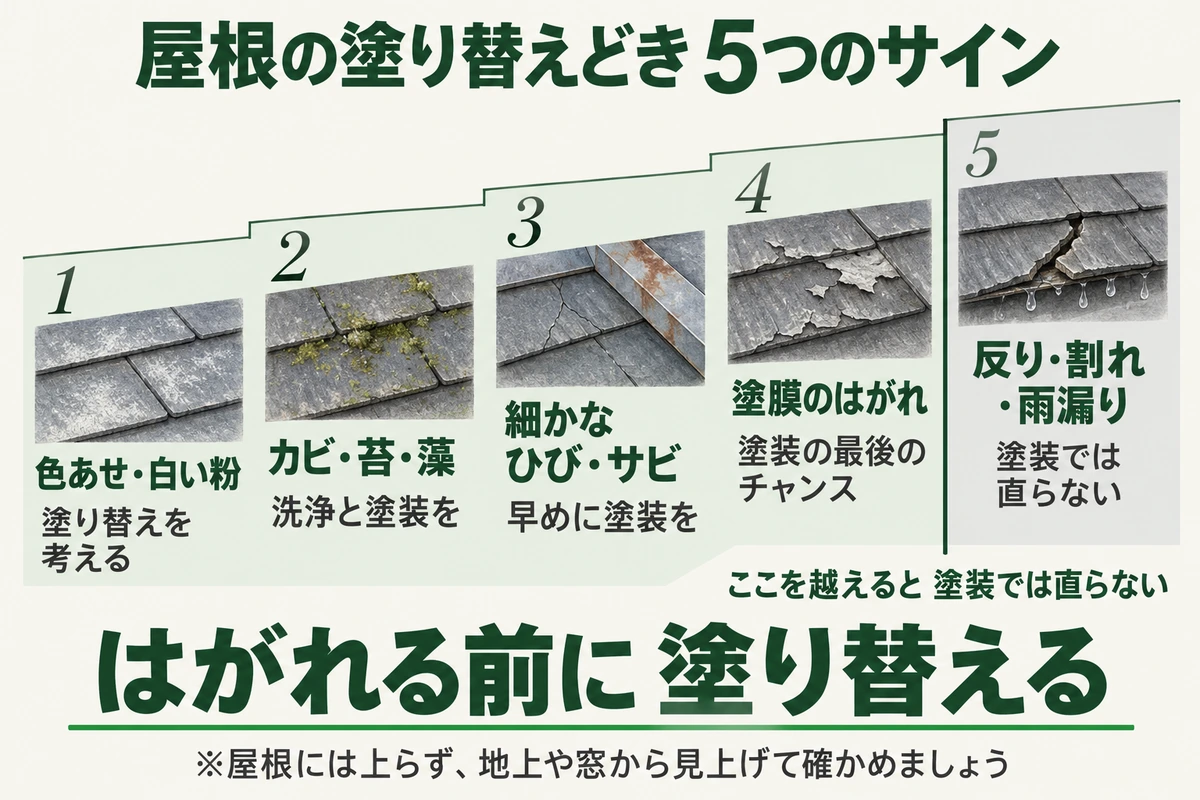 屋根の塗り替えどきを示す5つのサインを進む順に示した図。色あせ・白い粉で塗り替えを考え、カビ・苔・藻は洗浄と塗装を、細かなひび・サビは早めに塗装を、塗膜のはがれは塗装の最後のチャンス、反り・割れ・雨漏りまで進むと塗装では直らない。はがれる前に塗り替える