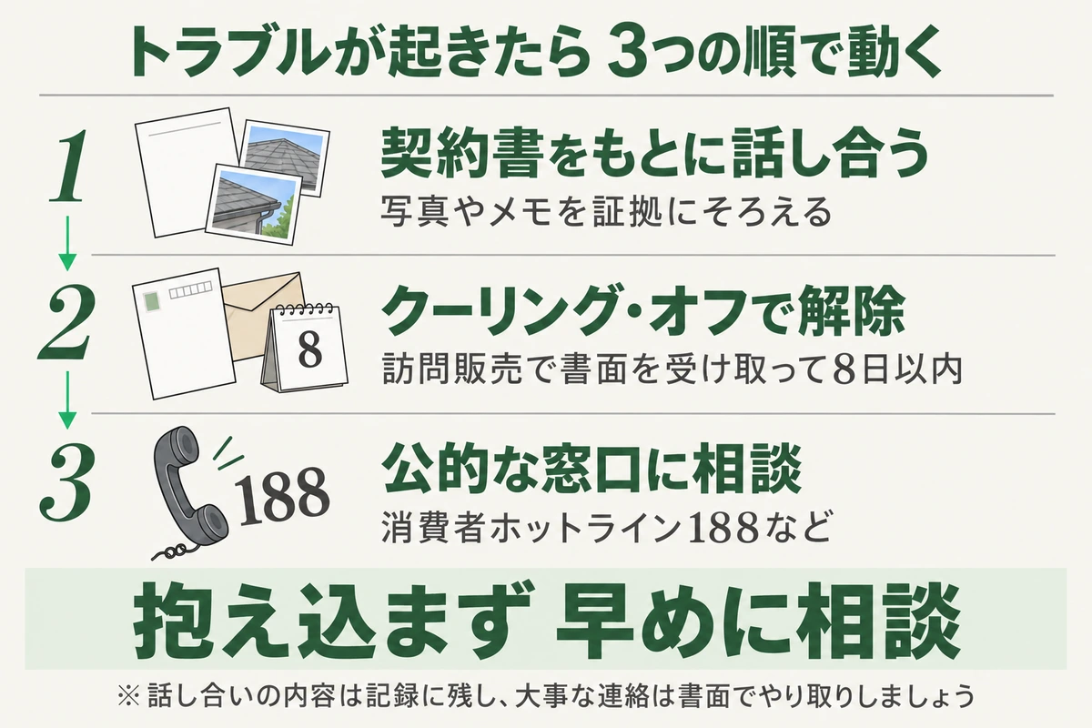 屋根工事のトラブルが起きたときの3つの対処を示した図。まず写真やメモをそろえて契約書をもとに話し合い、訪問販売で書面を受け取って8日以内ならクーリング・オフで解除し、解決しなければ消費者ホットライン188などの公的な窓口に相談する