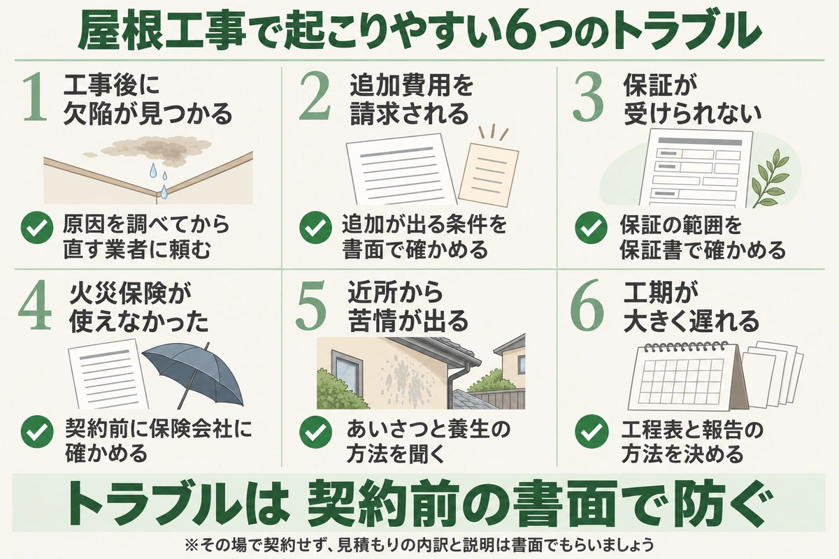 屋根工事で起こりやすい6つのトラブルと予防を示した図。工事後の欠陥、追加費用の請求、保証が受けられない、火災保険が使えなかった、近所からの苦情、工期の遅れのどれも、契約前に書面で確かめておけば防ぎやすい