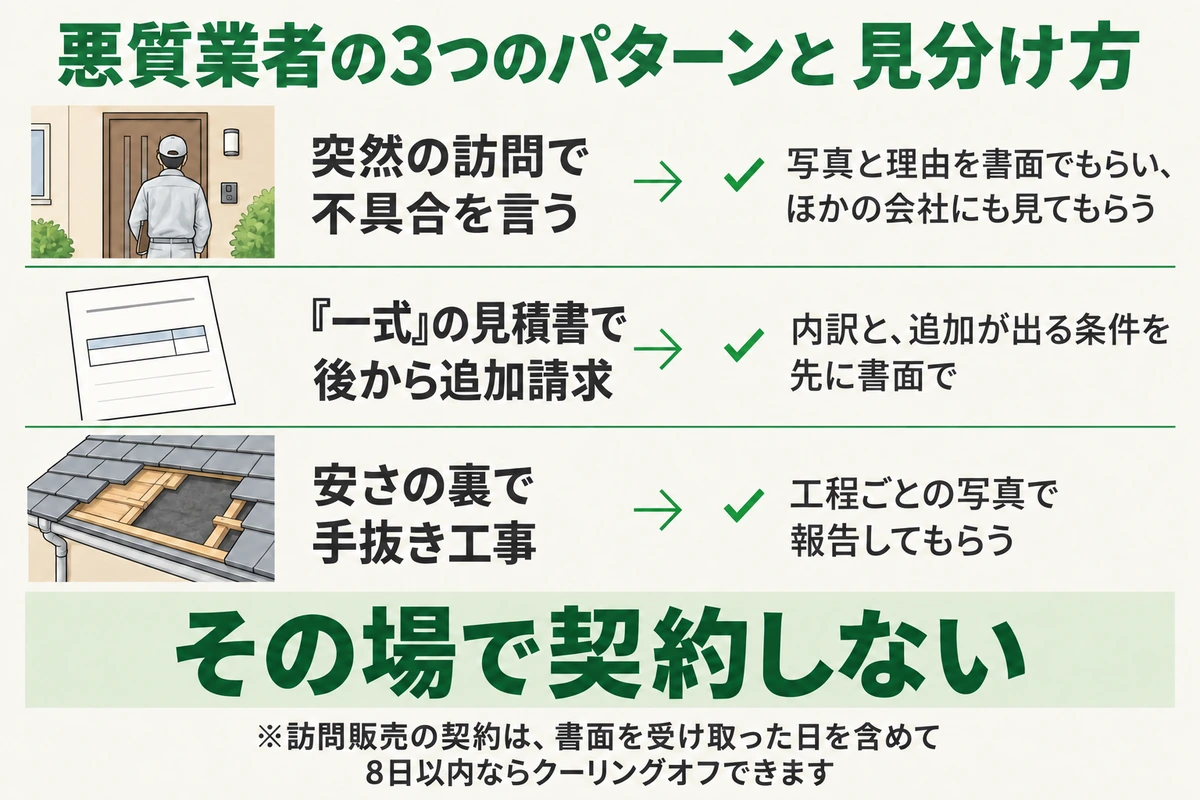 屋根工事の悪質業者の3つのパターンと見分け方を示した図。突然の訪問で不具合を言われたら写真と理由を書面でもらいほかの会社にも見てもらい、一式の見積書で後から追加請求されないよう内訳と追加が出る条件を先に書面で確かめ、安さの裏の手抜き工事は工程ごとの写真で報告してもらって防ぐ。その場で契約しない