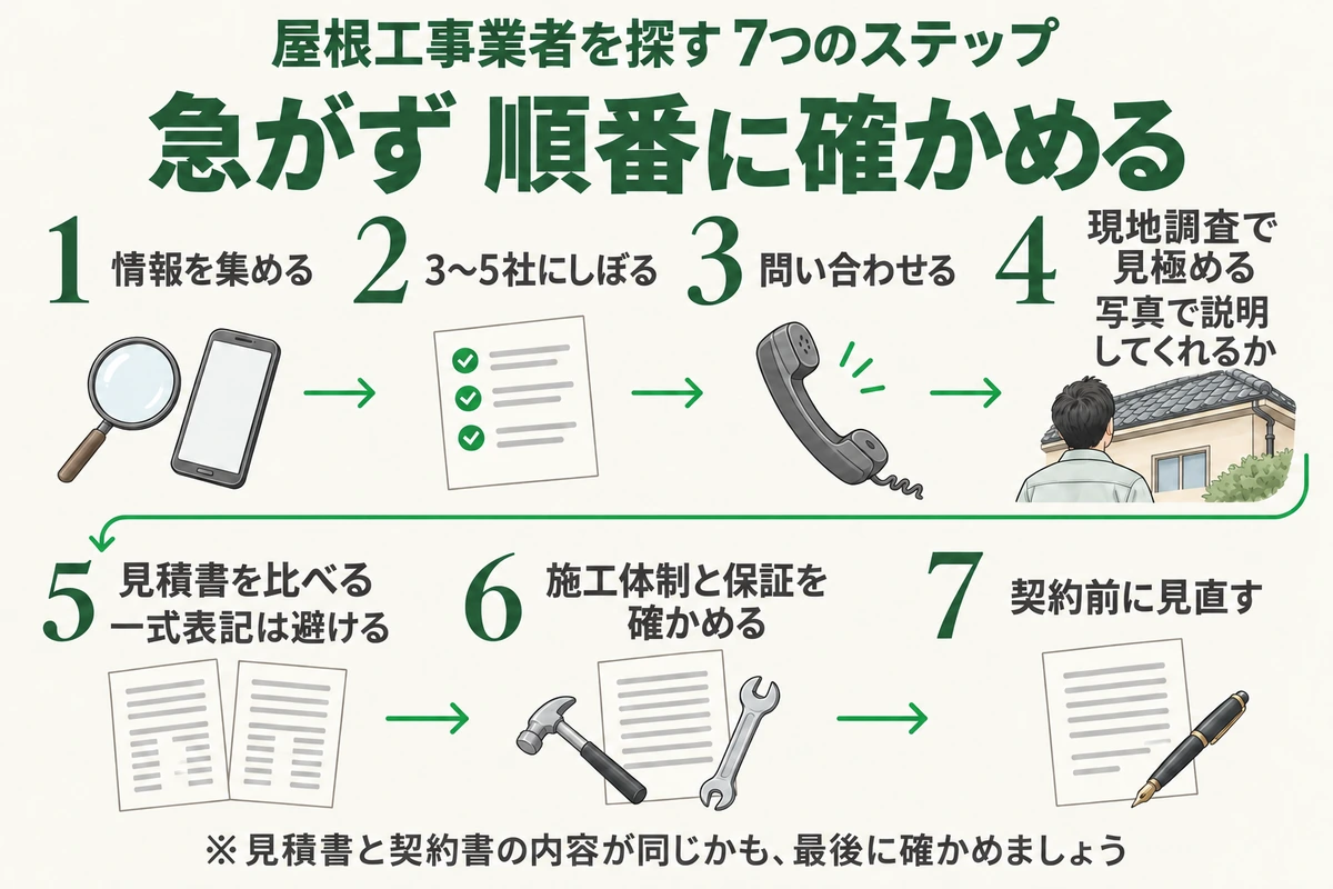 屋根工事業者を探す7つのステップを示した図。情報を集め、3〜5社にしぼり、問い合わせ、現地調査で写真で説明してくれるかを見極め、一式表記を避けて見積書を比べ、施工体制と保証を確かめ、契約前に見直す。急がず順番に確かめる
