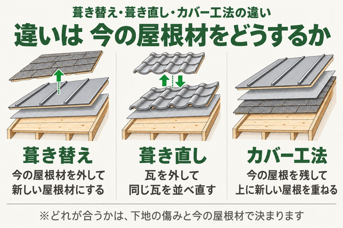 葺き替え・葺き直し・カバー工法の違いを断面で示した図。葺き替えは今の屋根材を外して新しい屋根材にし、葺き直しは瓦を外して同じ瓦を並べ直し、カバー工法は今の屋根を残して上に新しい屋根を重ねる