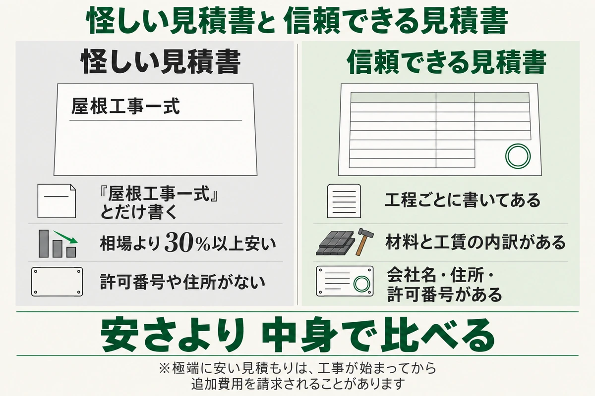 怪しい見積書と信頼できる見積書を比べた図。怪しい見積書は屋根工事一式とだけ書かれ、相場より30%以上安く、許可番号や住所がない。信頼できる見積書は工程ごとに書かれ、材料と工賃の内訳があり、会社名・住所・許可番号がそろっている。安さより中身で比べる