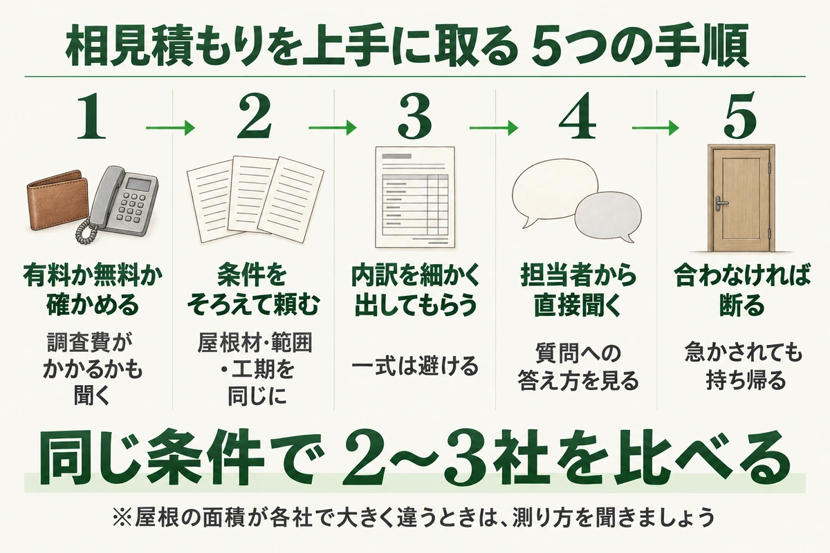 屋根工事の相見積もりを上手に取る5つの手順を示した図。見積もりが有料か無料かと調査費を確かめ、屋根材・範囲・工期の条件をそろえて頼み、一式を避けて内訳を細かく出してもらい、担当者から直接説明を聞き、合わなければ急かされても持ち帰って断る。同じ条件で2〜3社を比べる
