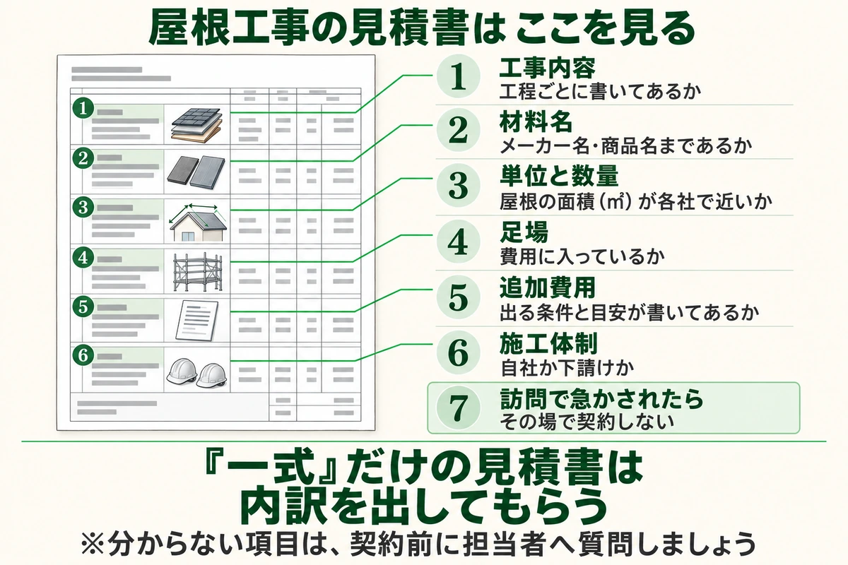 屋根工事の見積書で見るポイントを示した図。工事内容が工程ごとに書いてあるか、材料のメーカー名・商品名、屋根の面積が各社で近いか、足場が費用に入っているか、追加費用が出る条件と目安、自社か下請けかを確かめ、訪問で急かされたらその場で契約しない。一式だけの見積書は内訳を出してもらう