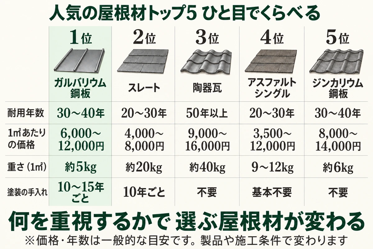 人気の屋根材トップ5を比べた図。ガルバリウム鋼板は耐用年数30〜40年・1㎡6,000〜12,000円・約5kg、スレートは20〜30年・4,000〜8,000円・約20kg・10年ごとに塗装、陶器瓦は50年以上・9,000〜16,000円・約40kg・塗装不要、アスファルトシングルは20〜30年・3,500〜12,000円・9〜12kg、ジンカリウム鋼板は30〜40年・8,000〜14,000円・約6kg・塗装不要