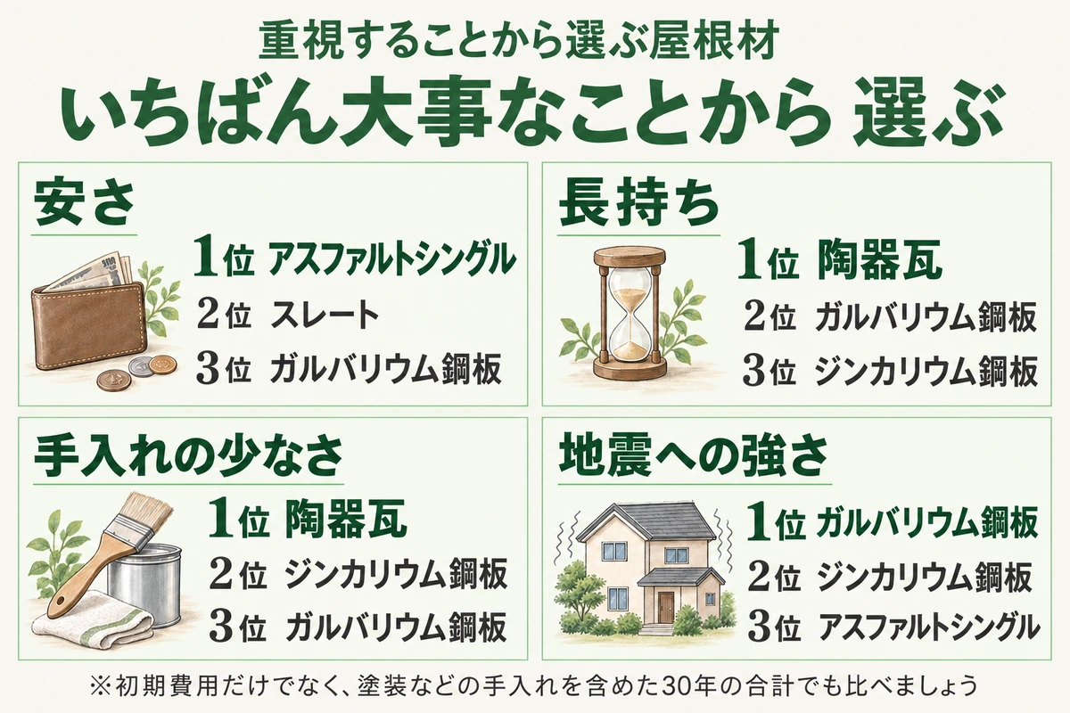 重視することから選ぶ屋根材のランキングを示した図。安さはアスファルトシングル・スレート・ガルバリウム鋼板、長持ちは陶器瓦・ガルバリウム鋼板・ジンカリウム鋼板、手入れの少なさは陶器瓦・ジンカリウム鋼板・ガルバリウム鋼板、地震への強さはガルバリウム鋼板・ジンカリウム鋼板・アスファルトシングルの順