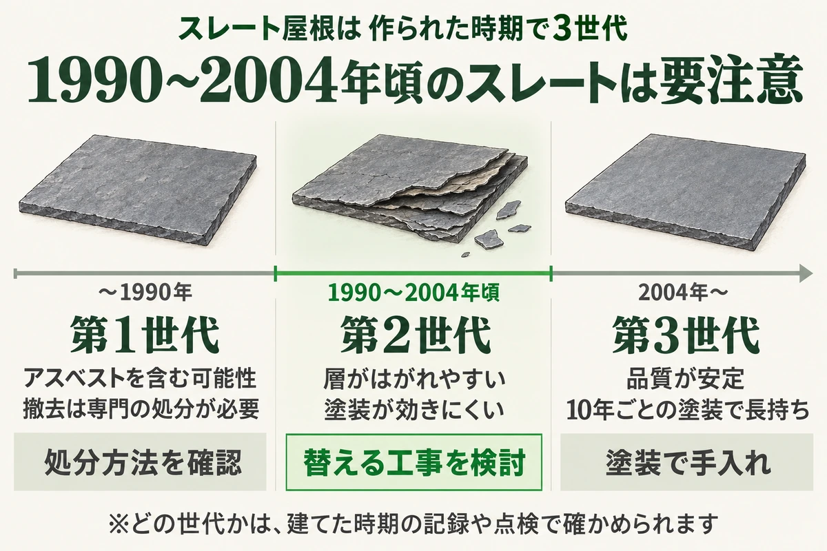 スレート屋根の3世代を年表で示した図。1990年以前の第1世代はアスベストを含む可能性があり撤去に専門の処分が必要、1990〜2004年頃の第2世代は層がはがれやすく塗装が効きにくいので替える工事を検討、2004年以降の第3世代は品質が安定し10年ごとの塗装で長持ちする