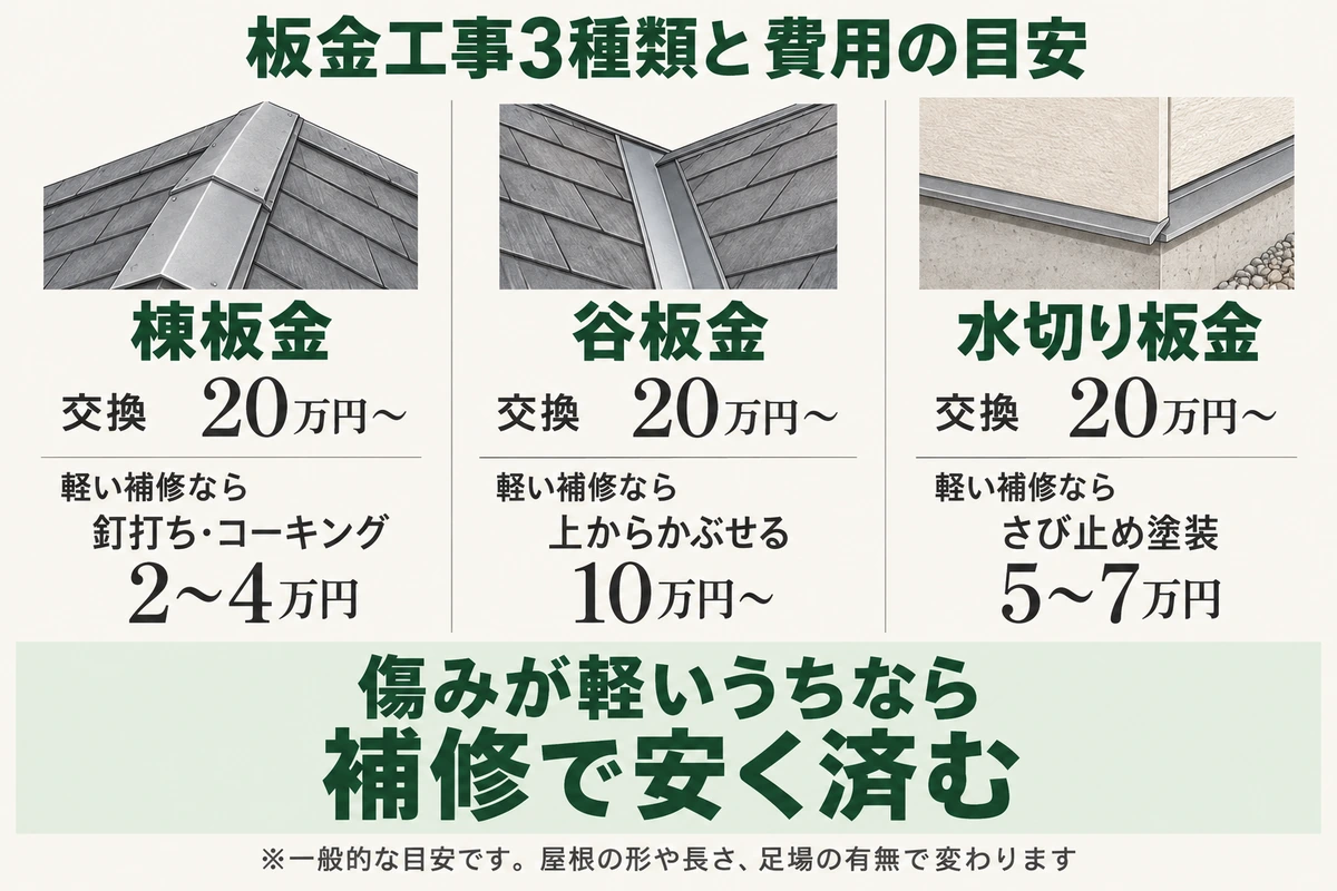 屋根の板金工事3種類の費用の目安を示した図。棟板金・谷板金・水切り板金とも交換は20万円から。軽い補修なら棟板金は釘打ち・コーキングで2〜4万円、谷板金は上からかぶせて10万円から、水切り板金はさび止め塗装で5〜7万円