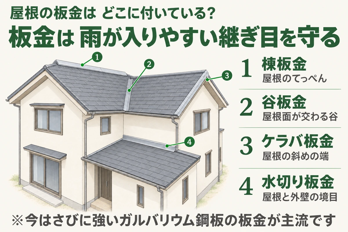 屋根の板金が付いている場所を示した図。屋根のてっぺんの棟板金、屋根面が交わる谷の谷板金、屋根の斜めの端のケラバ板金、屋根と外壁の境目の水切り板金で、雨が入りやすい継ぎ目を守っている