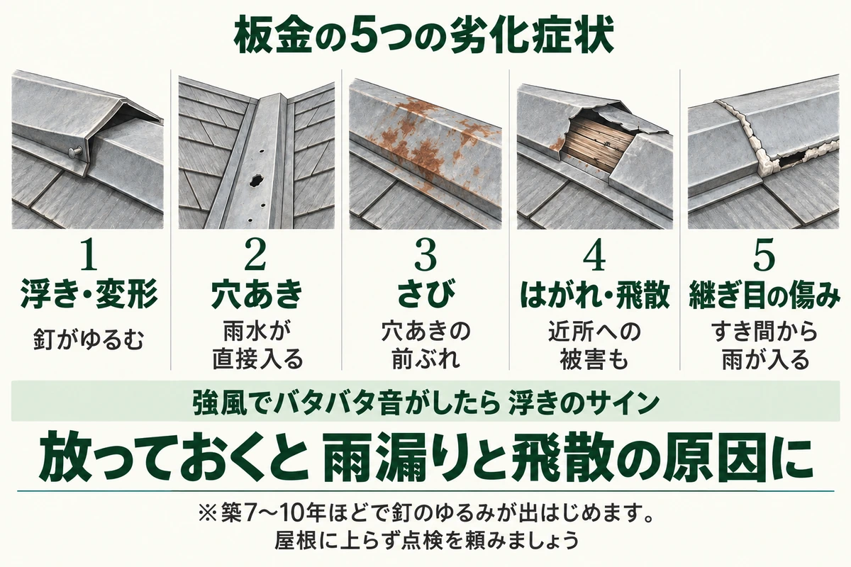 屋根の板金の5つの劣化症状を示した図。釘がゆるむ浮き・変形、雨水が直接入る穴あき、穴あきの前ぶれのさび、近所への被害もあるはがれ・飛散、すき間から雨が入る継ぎ目の傷み。強風でバタバタ音がしたら浮きのサイン
