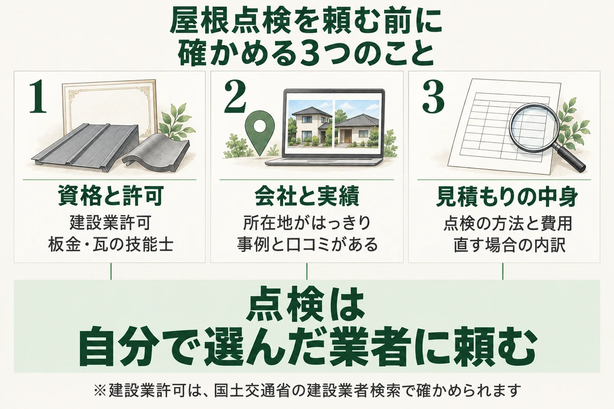 屋根点検を頼む前に確かめる3つのことを示した図。建設業許可や板金・瓦の技能士などの資格と許可、所在地がはっきりしていて事例と口コミがあるかの会社と実績、点検の方法と費用や直す場合の内訳が書いてあるかの見積もりの中身。点検は自分で選んだ業者に頼む