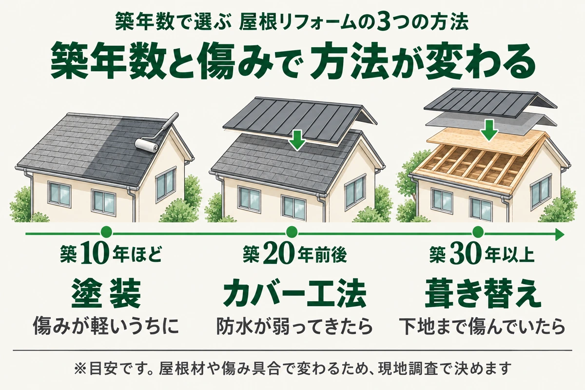 築年数で選ぶ屋根リフォームの3つの方法を示した図。築10年ほどで傷みが軽いうちは塗装、築20年前後で防水が弱ってきたらカバー工法、築30年以上で下地まで傷んでいたら葺き替え。築年数と傷みで方法が変わり、最後は現地調査で決める