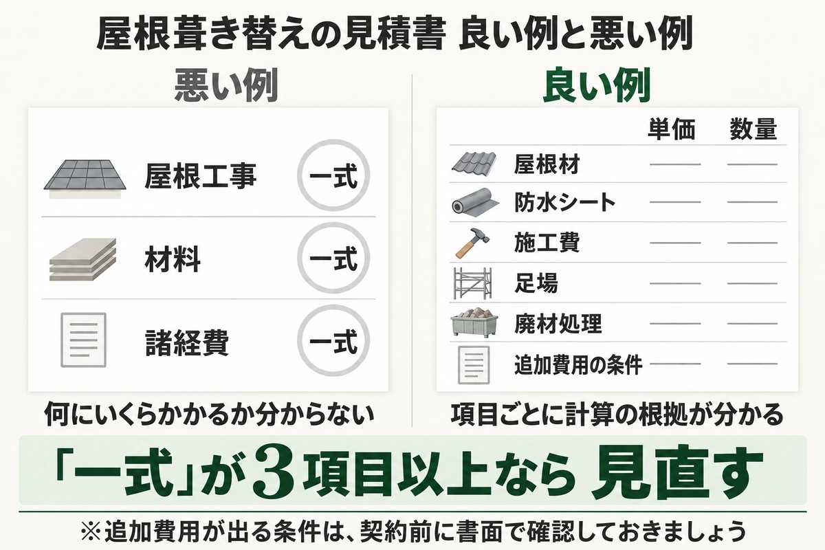 屋根葺き替えの見積書の良い例と悪い例を並べた図。悪い例は屋根工事・材料・諸経費が一式でまとめられ、良い例は屋根材・防水シート・施工費・足場・廃材処理・追加費用の条件が単価と数量で書かれている